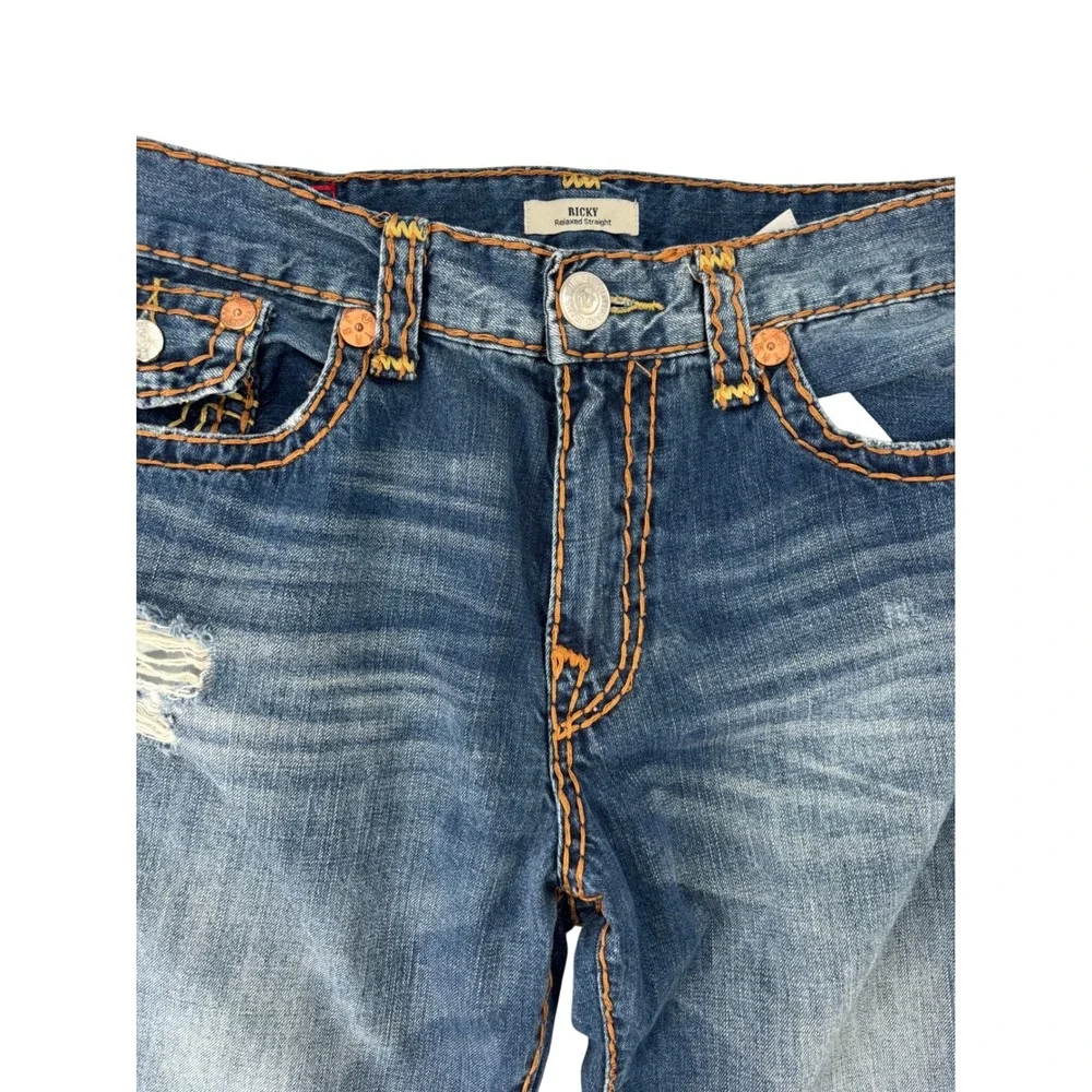 True Religion Ricky Jeans Mens 36 Blue Distressed Relaxed Straight Big Stitch